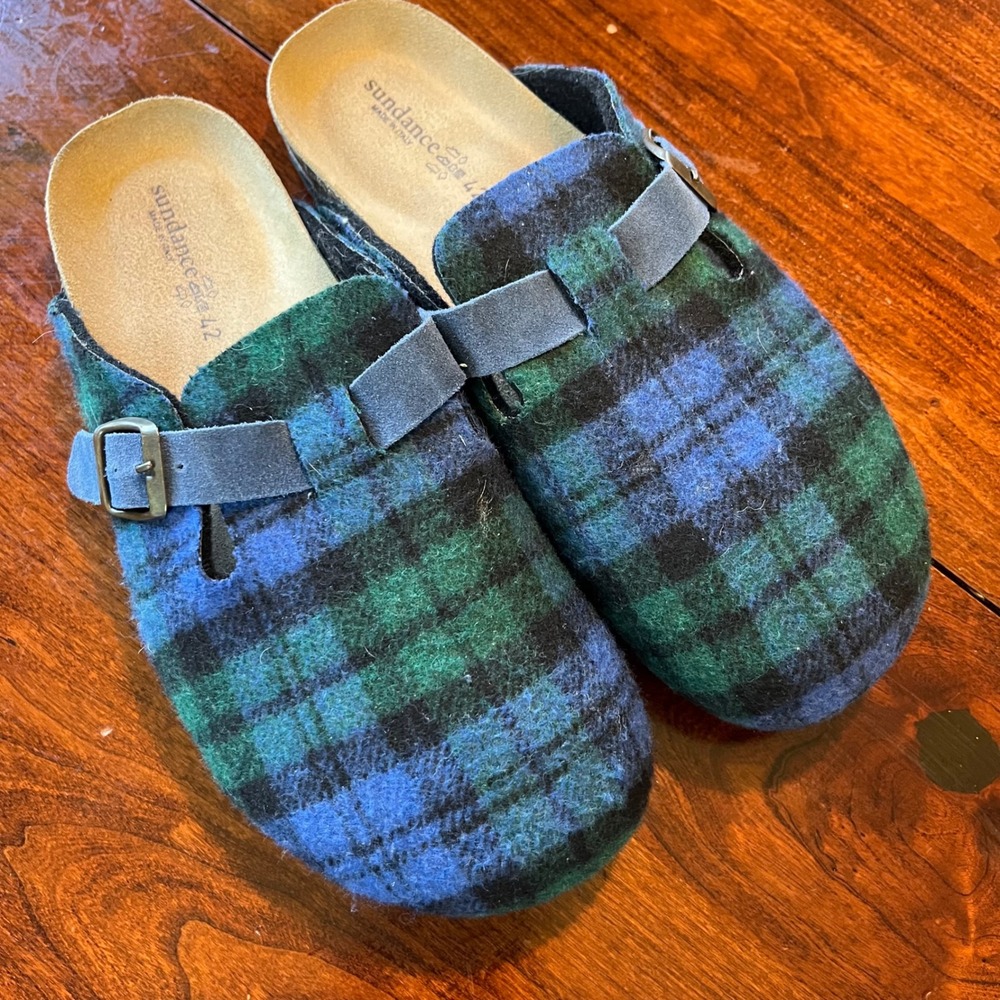 Sundance Blue Green‎ Plaid Wool Clogs Mules Made in Italy EU 42 Adjustable Strap